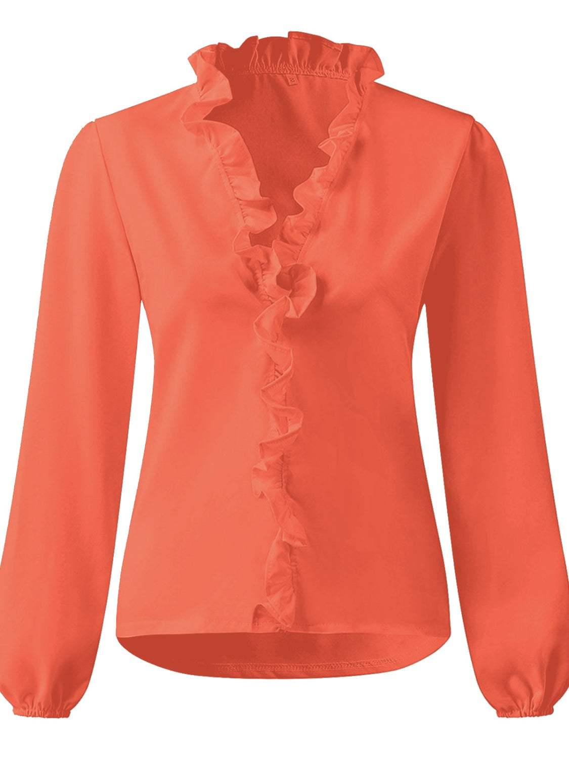 Full size ruffled V-neck long sleeve blouse in orange.