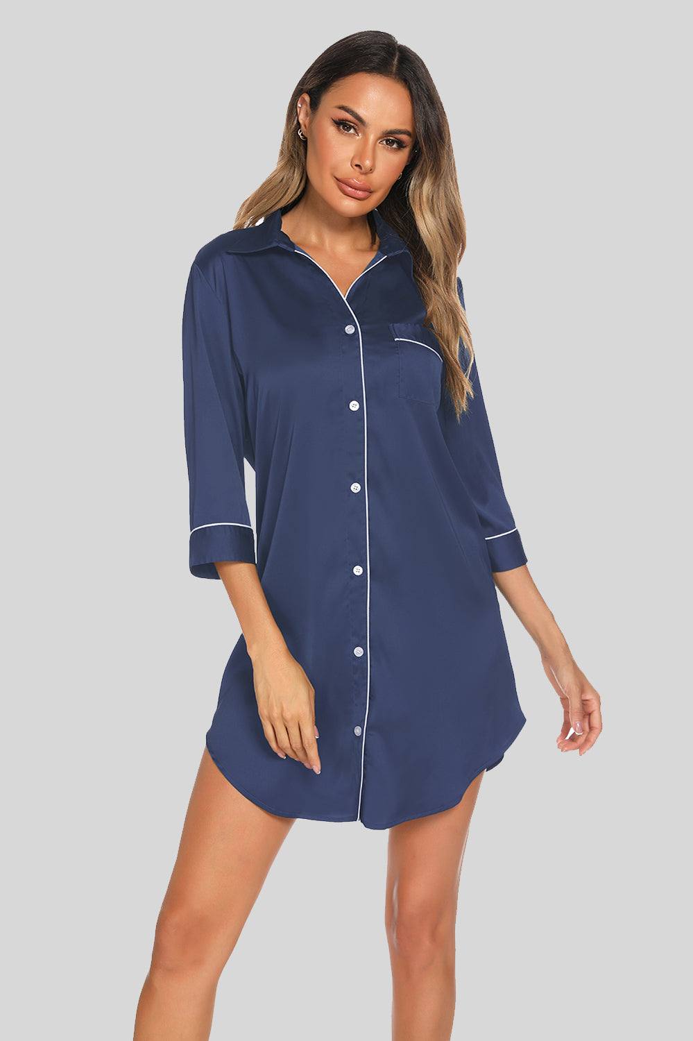 Button-up collared neck night dress with pocket in navy blue.