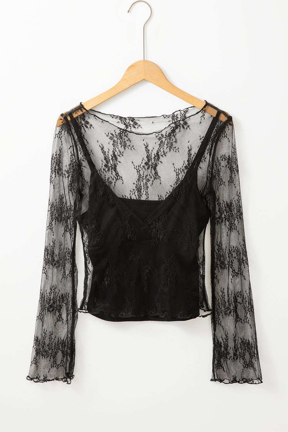 Black Lace Mesh Crochet Splicing Slim Fit Long Sleeve Blouse