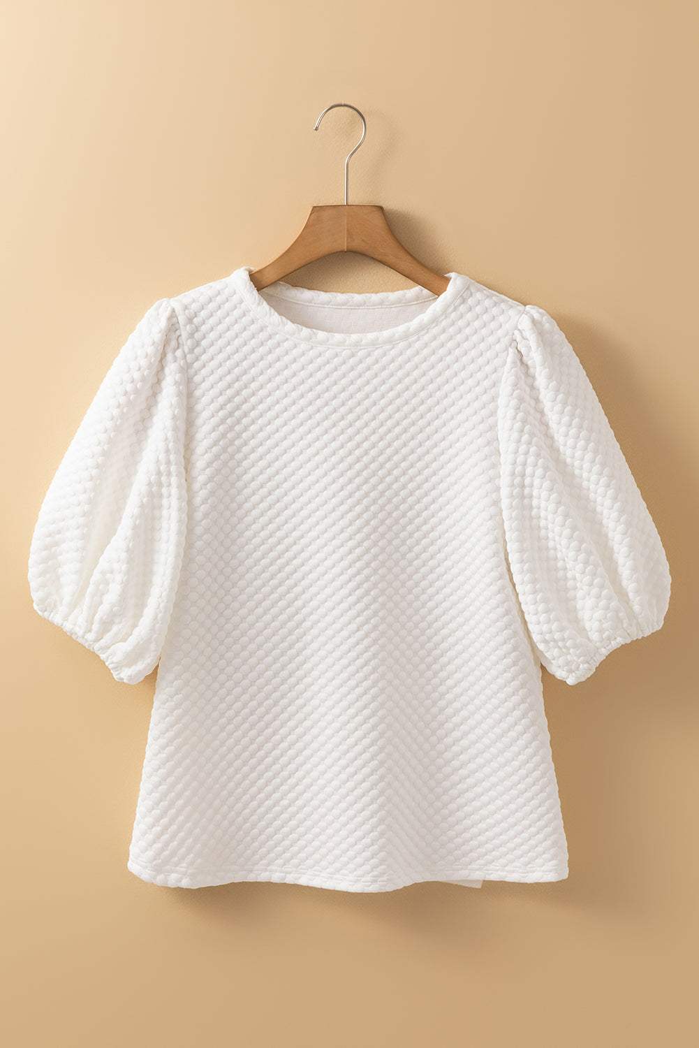 Textured round neck puff sleeve blouse in white.