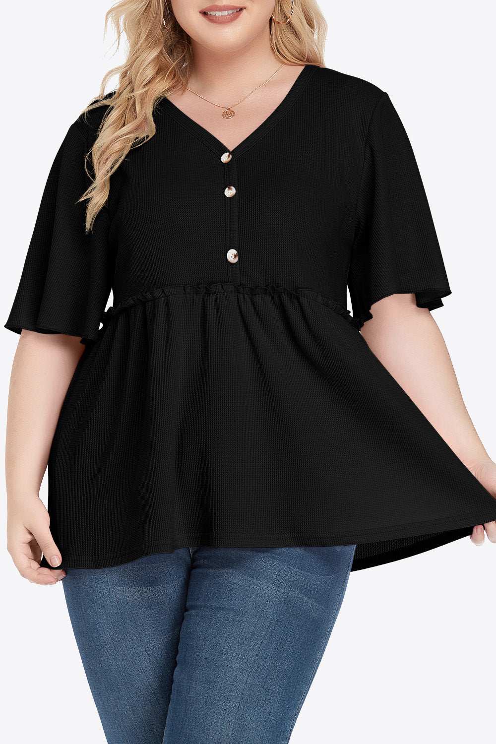 Plus size buttoned V-neck frill trim babydoll blouse with flutter sleeves and solid pattern.