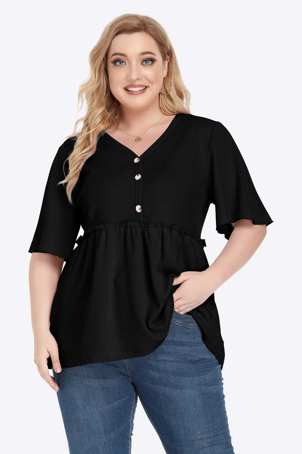 Plus Size Black V-Neck Frill Trim Babydoll Blouse with Button Detail
