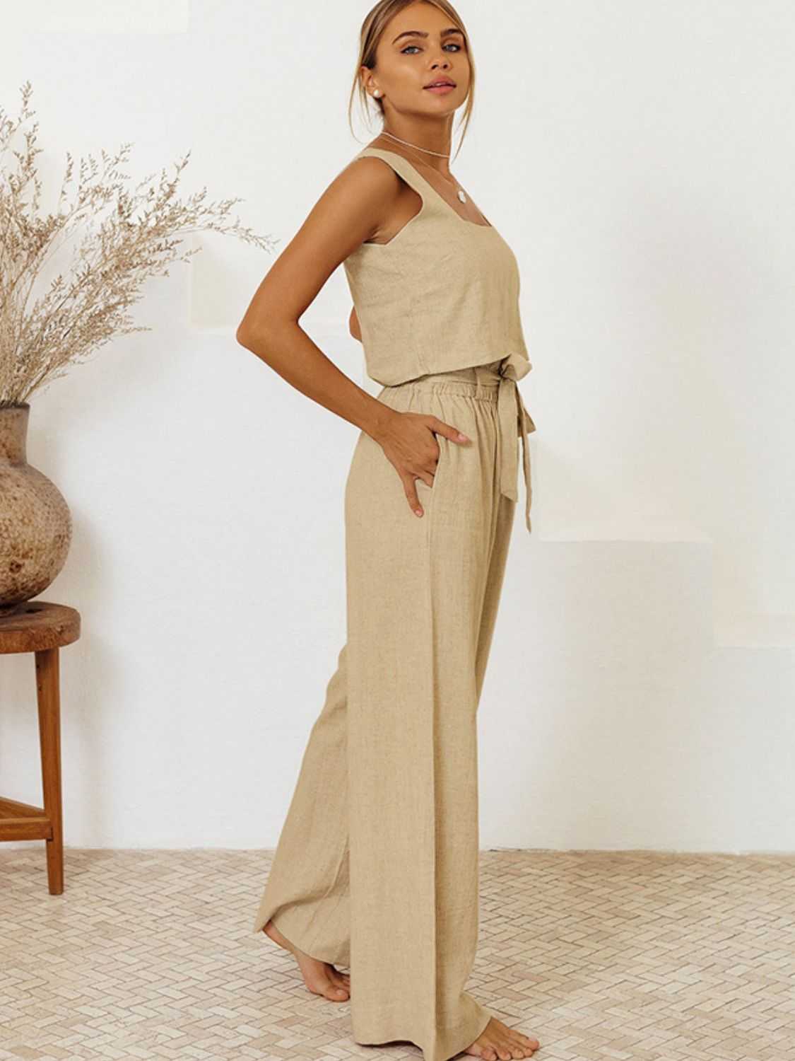 Square Neck Sleeveless Top and Pants Set in beige, tied ruffled design, 100% cotton.