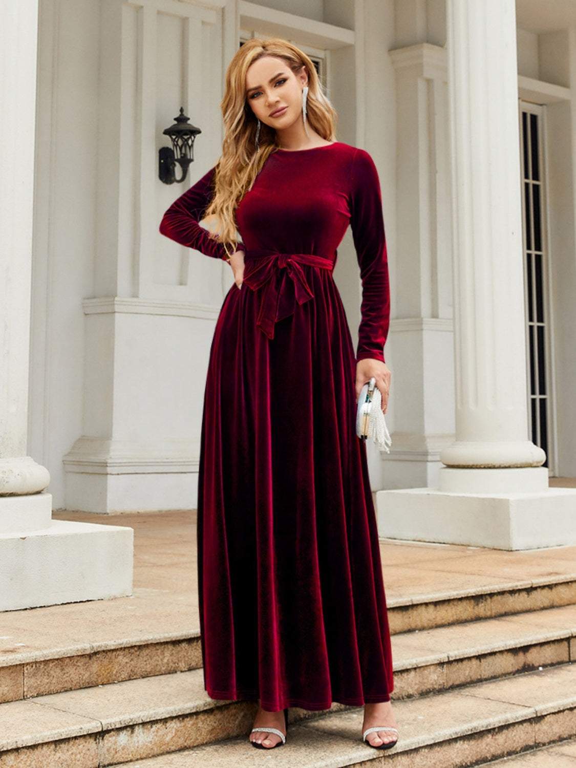 Tie Front Round Neck Long Sleeve Maxi Dress in rich maroon shade, long fit, slightly stretchy polyester fabric.