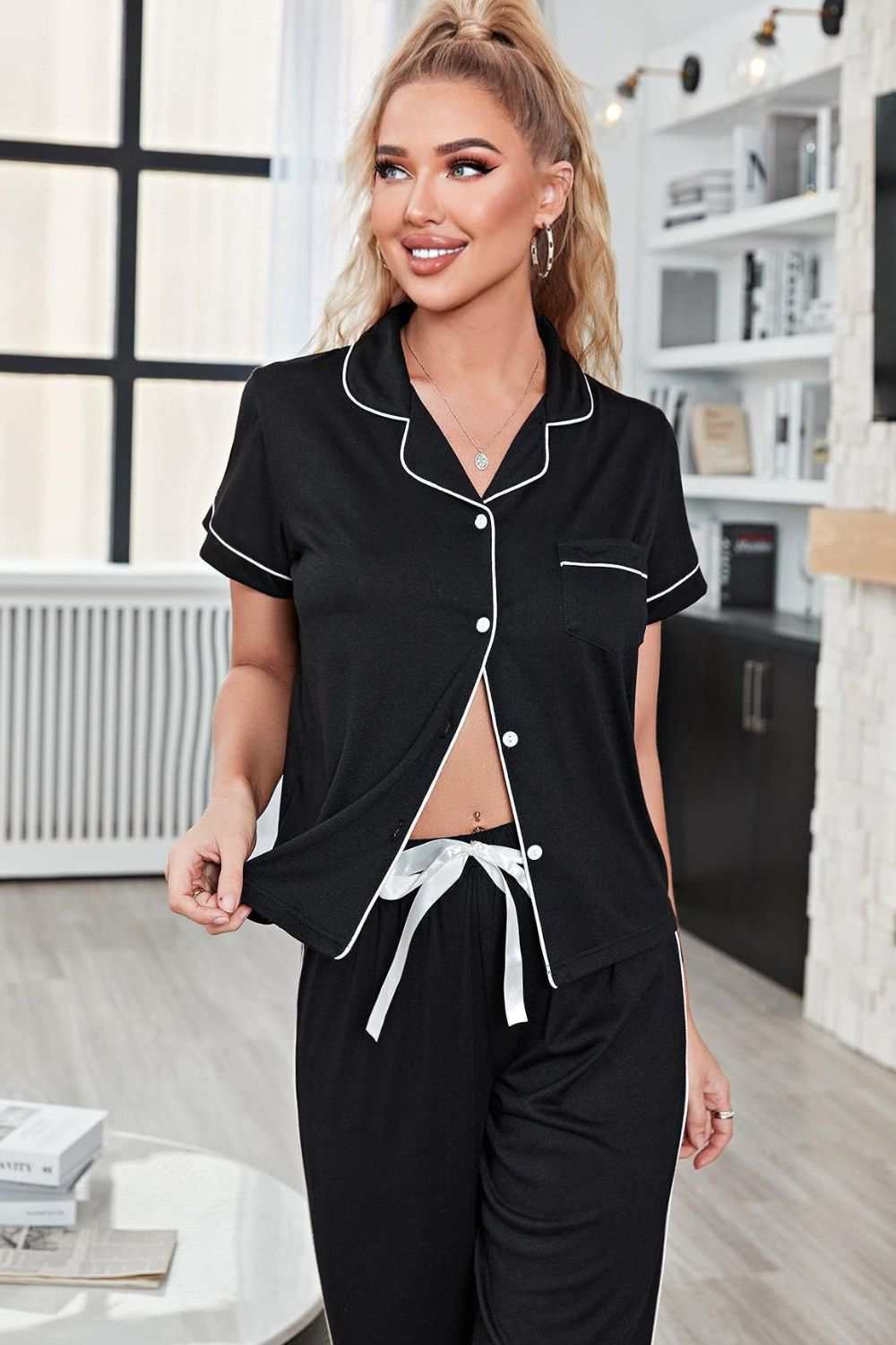 Contrast piping short sleeve top and pants pajama set with lapel collar in solid minimalist design.