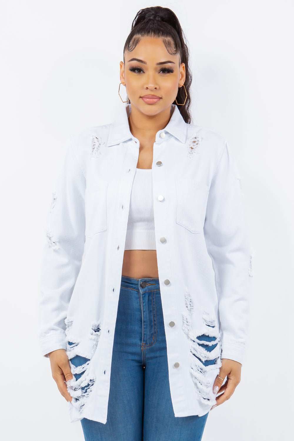 American Bazi Distressed Button Up long sleeve white denim jacket with ripped detailing