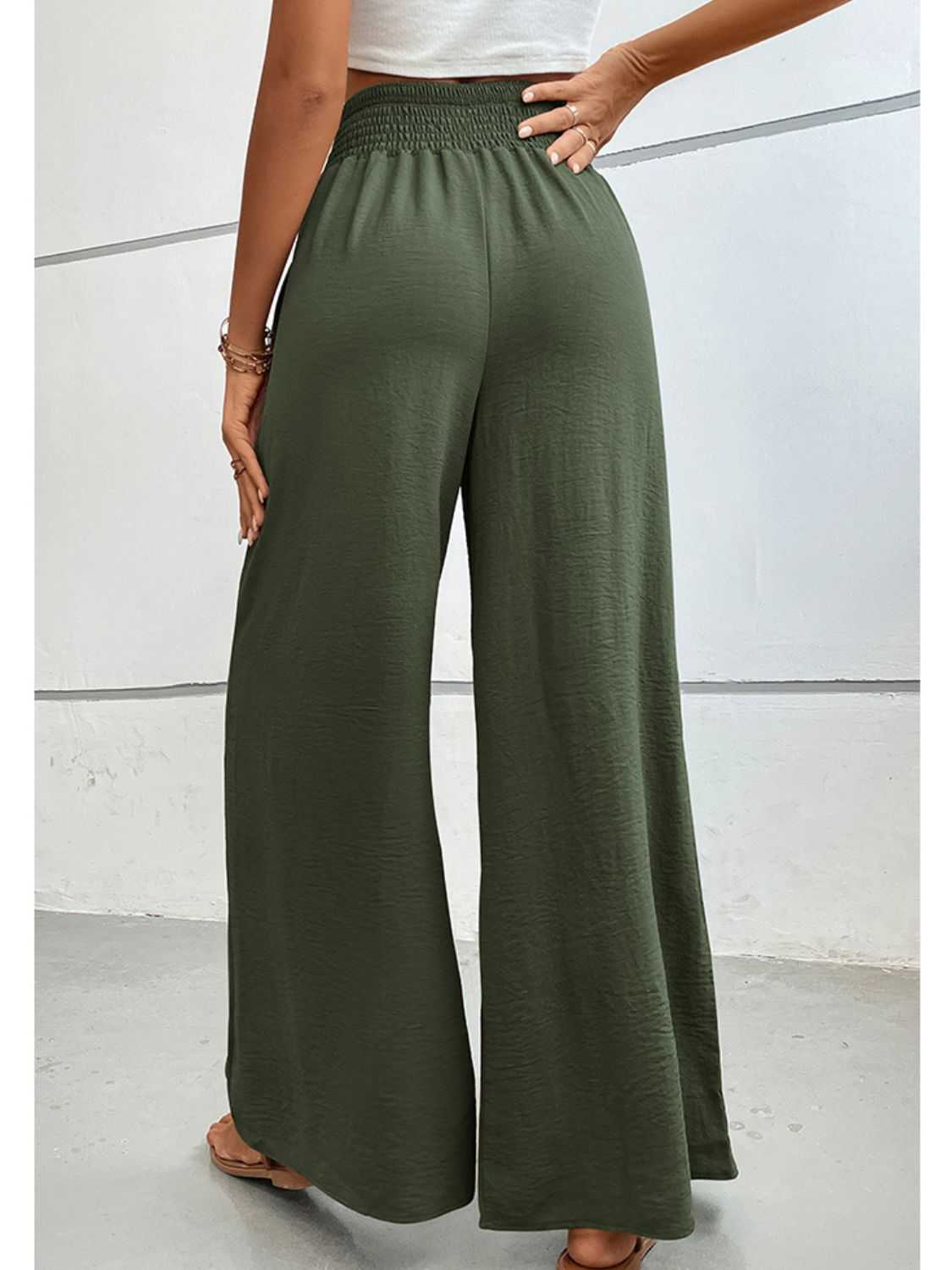 Wide waistband, solid casual long pants in dark green, relax fit.