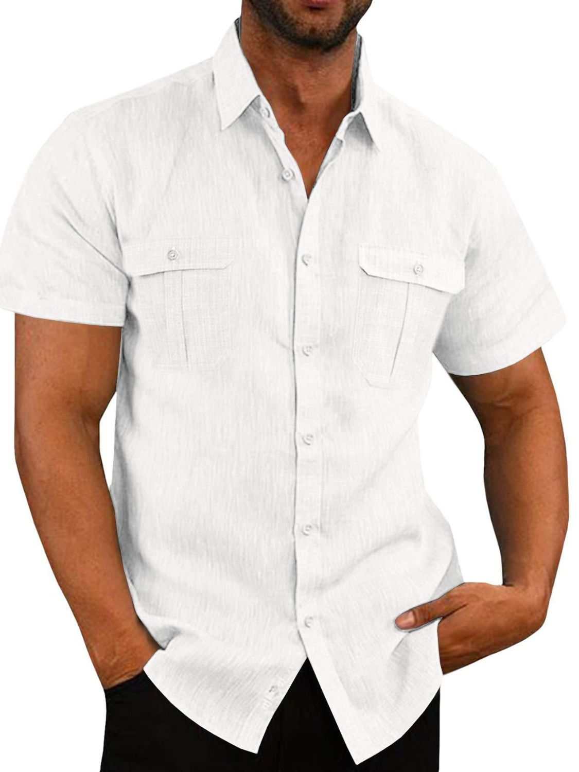 Men's plus size collared neck short sleeve shirt with pockets and buttons.