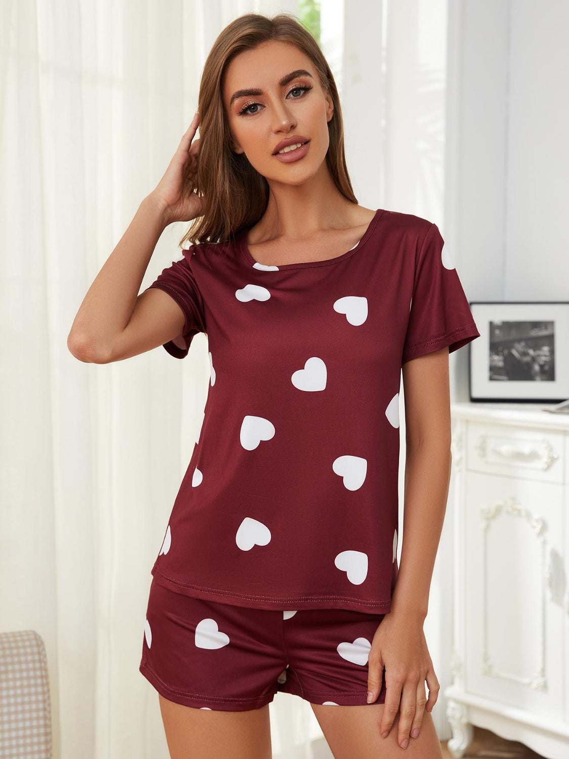 Heart round neck top and shorts lounge set with white heart pattern, basic style, polyester-spandex blend.