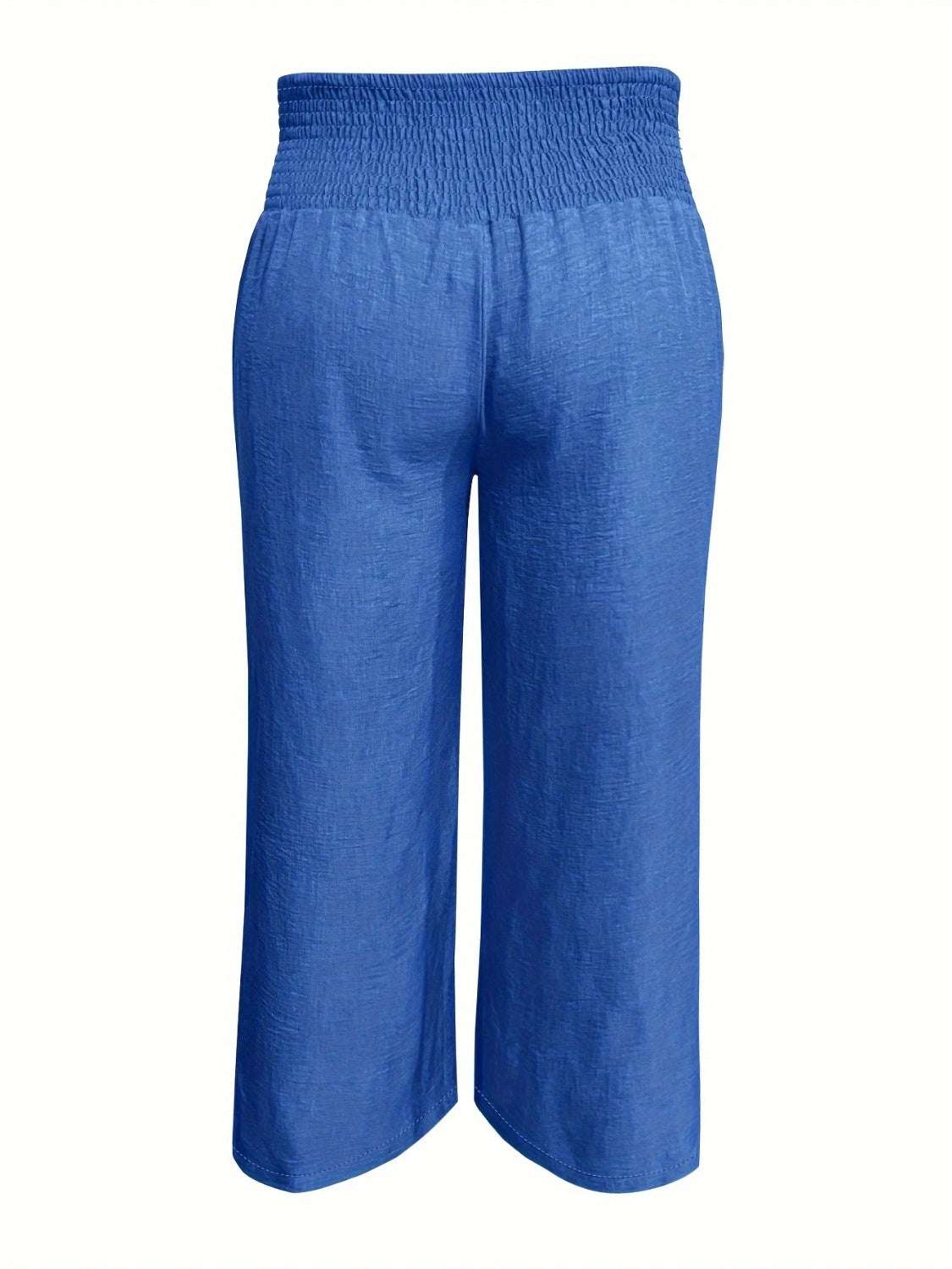 Plus size high waist wide leg pants in blue, polyester-spandex blend.