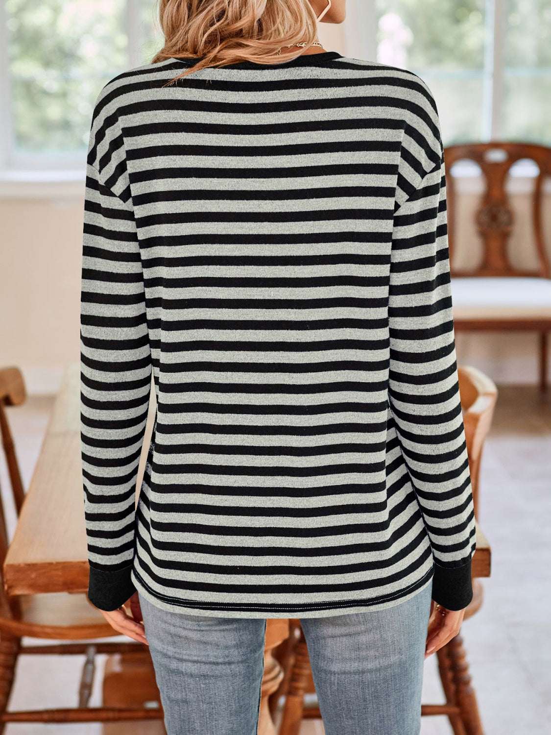 Lovelet striped round neck long sleeve t-shirt in black and white.