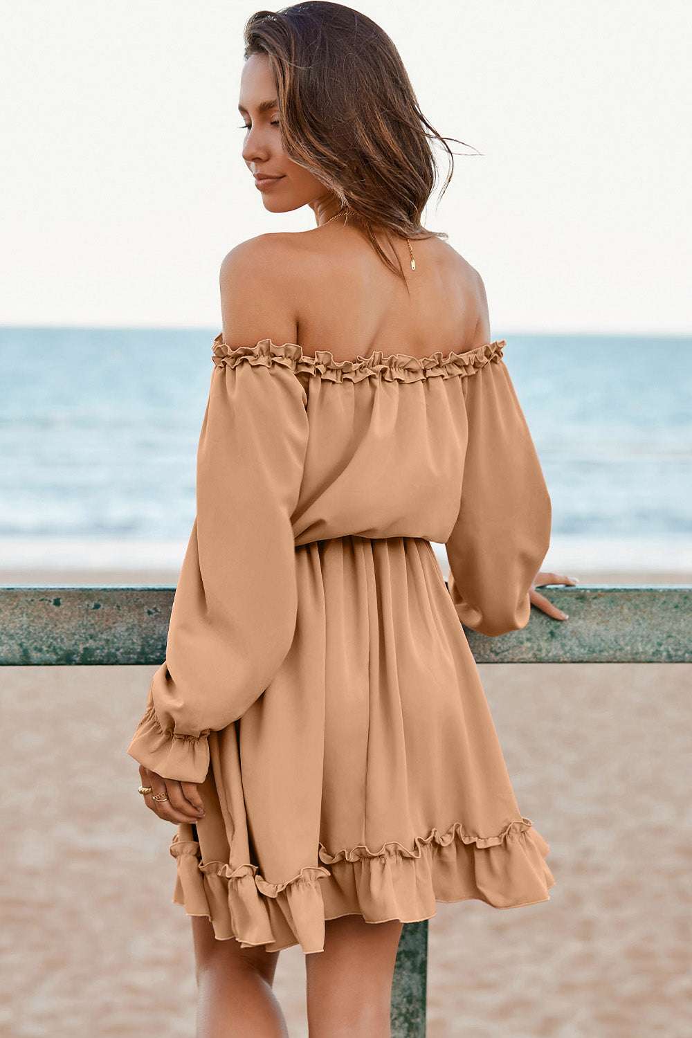 Frill Off-Shoulder Flounce Sleeve Dress in tan, featuring opaque polyester fabric and ruffled details.
