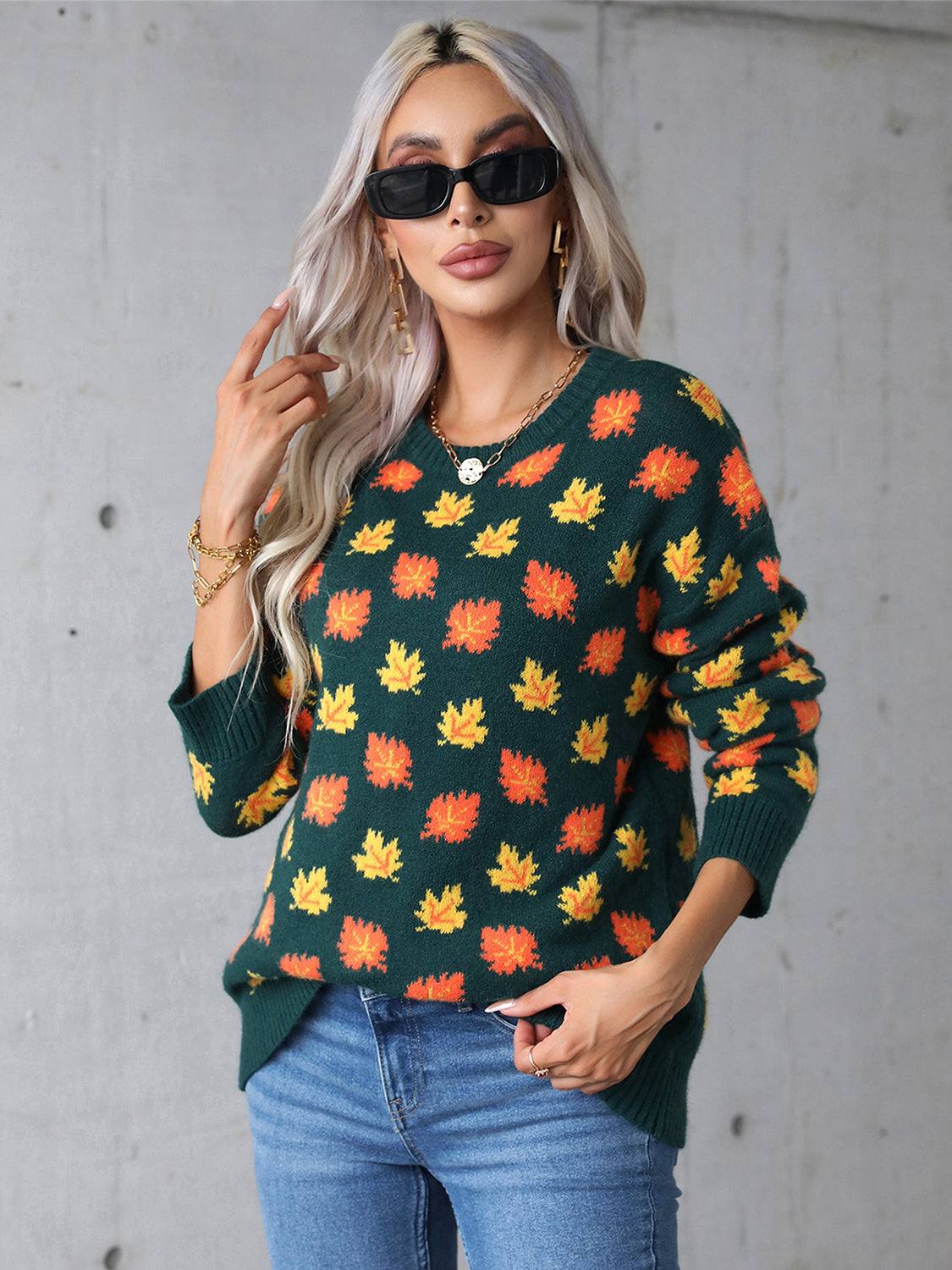 Angel Wings Maple Leaf Round Neck Long Sleeve Sweater with colorful leaf pattern.