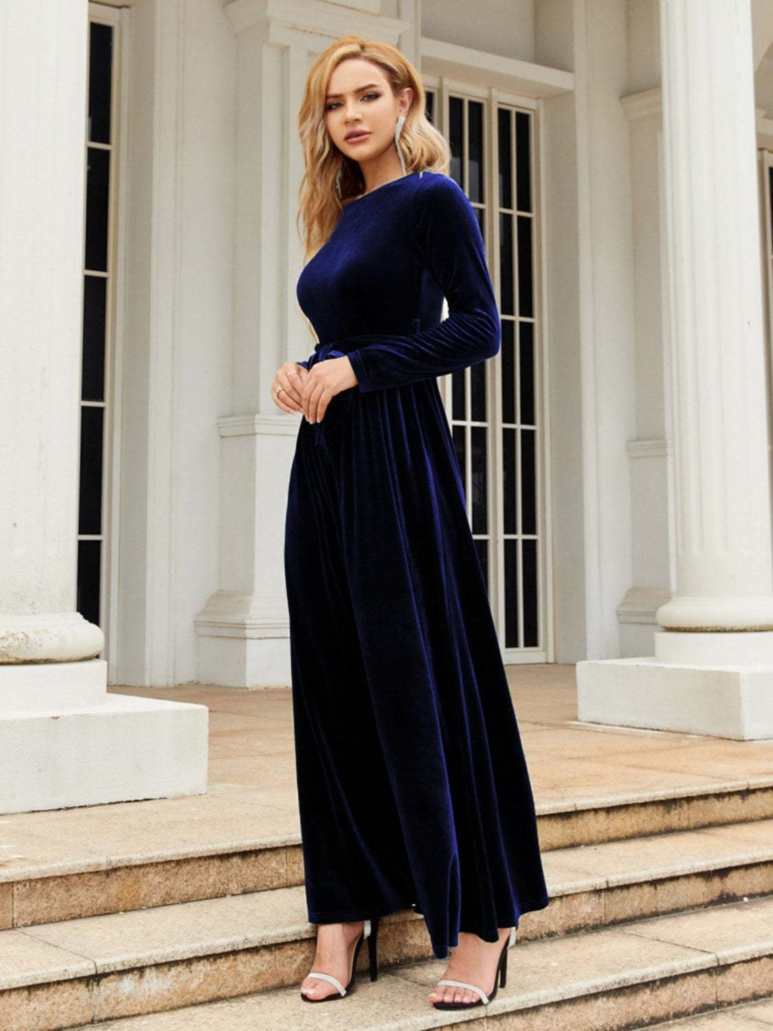 Tie Front Round Neck Long Sleeve Maxi Dress in polyester material, opaque, slightly stretchy, shown on model.