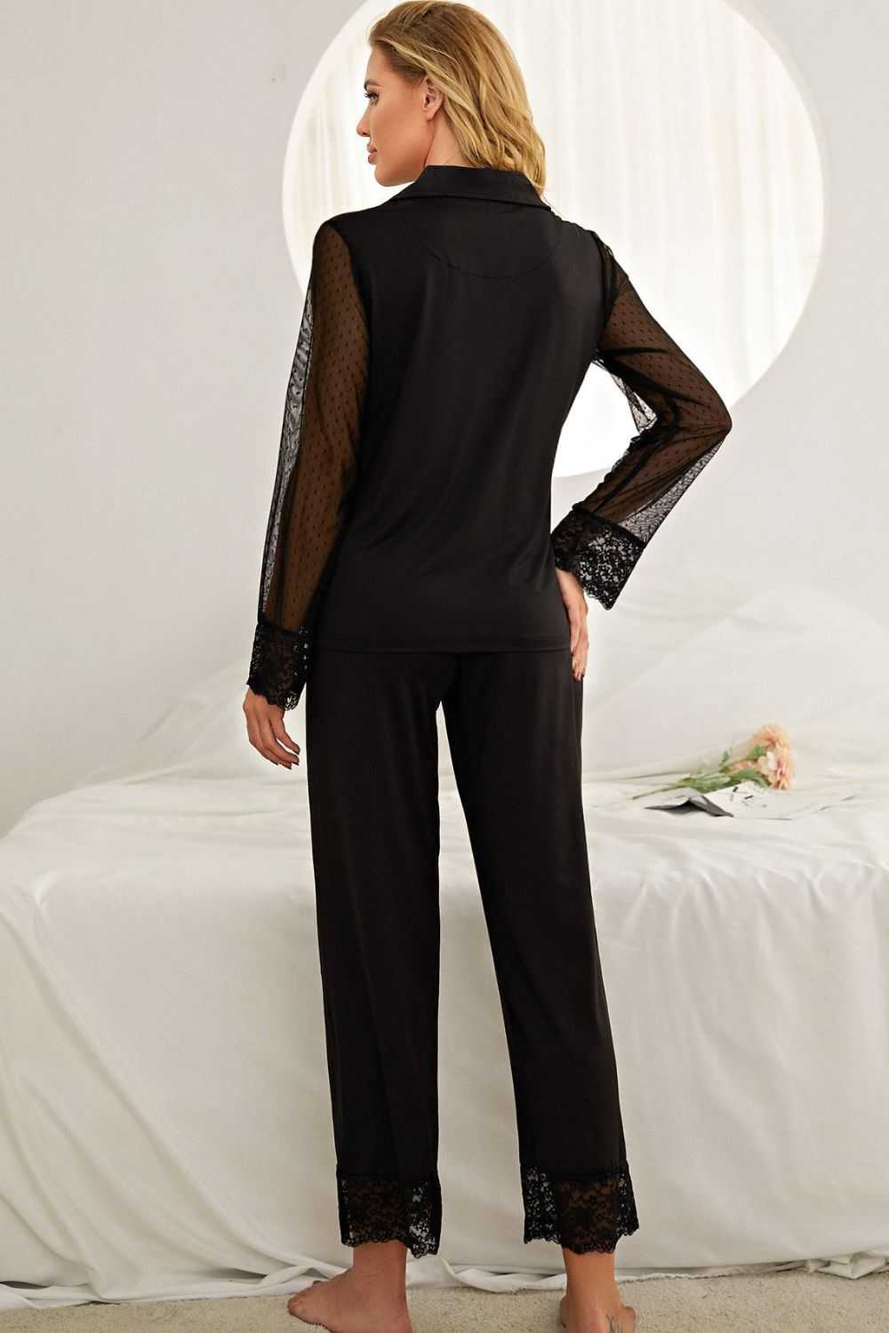 Spliced Lace Lapel Collar Pajama Set with long sleeves in solid black.
