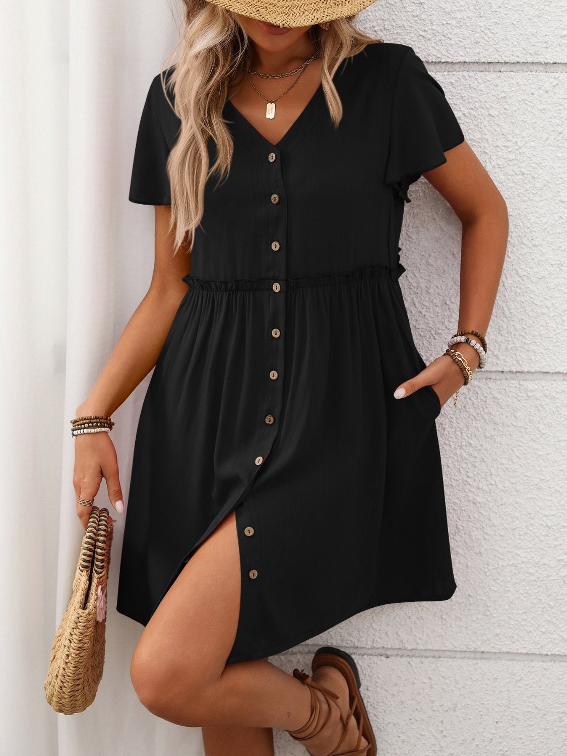 Button Front Flutter Sleeve Dress - Securing Secrets Boutique LLC