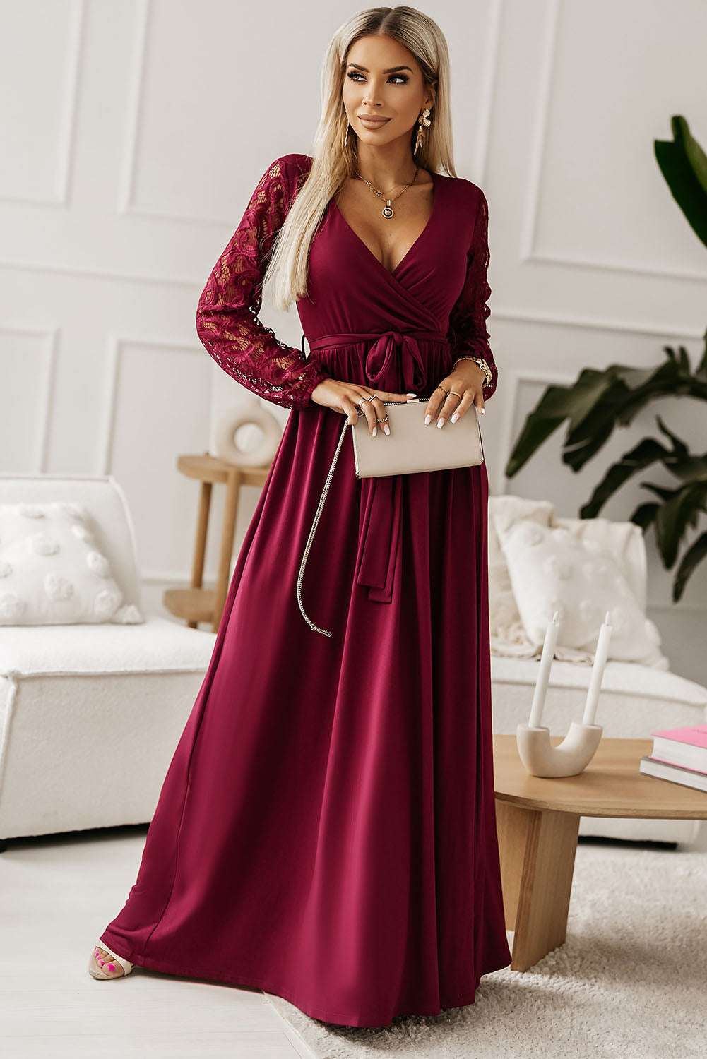 Lace detail surplice tie-waist maxi dress in burgundy, elegant and fashionable.