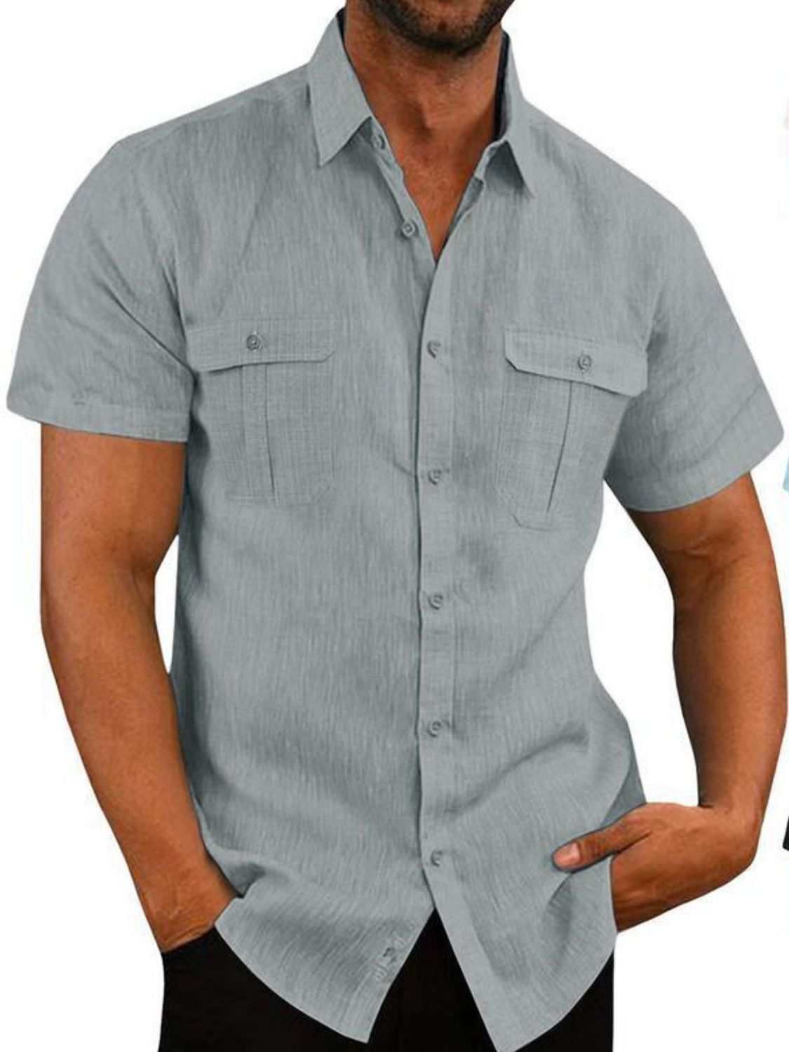 Men's plus size collared neck short sleeve shirt with pockets and buttons.