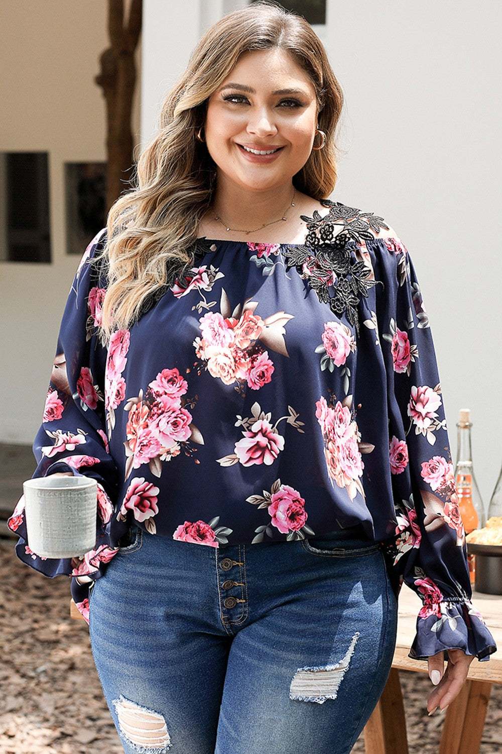 Plus size floral flounce sleeve blouse in dark blue with pink roses, non-stretch polyester.