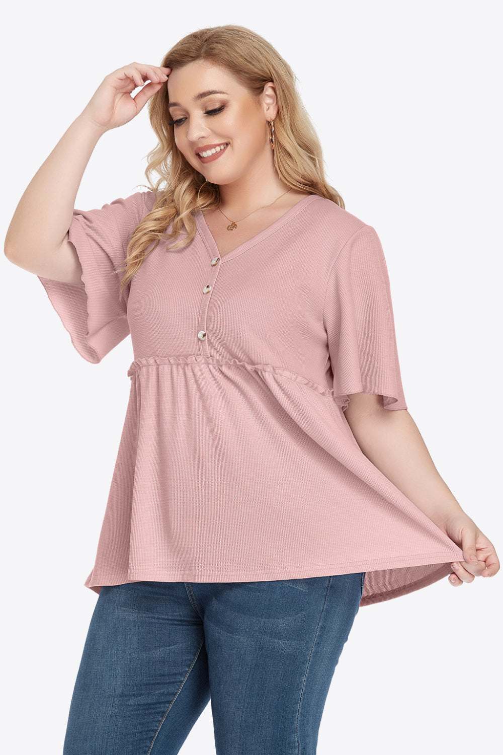 Plus Size V-Neck Frill Trim Babydoll Blouse in Pink, Flutter Sleeves, Casual Style