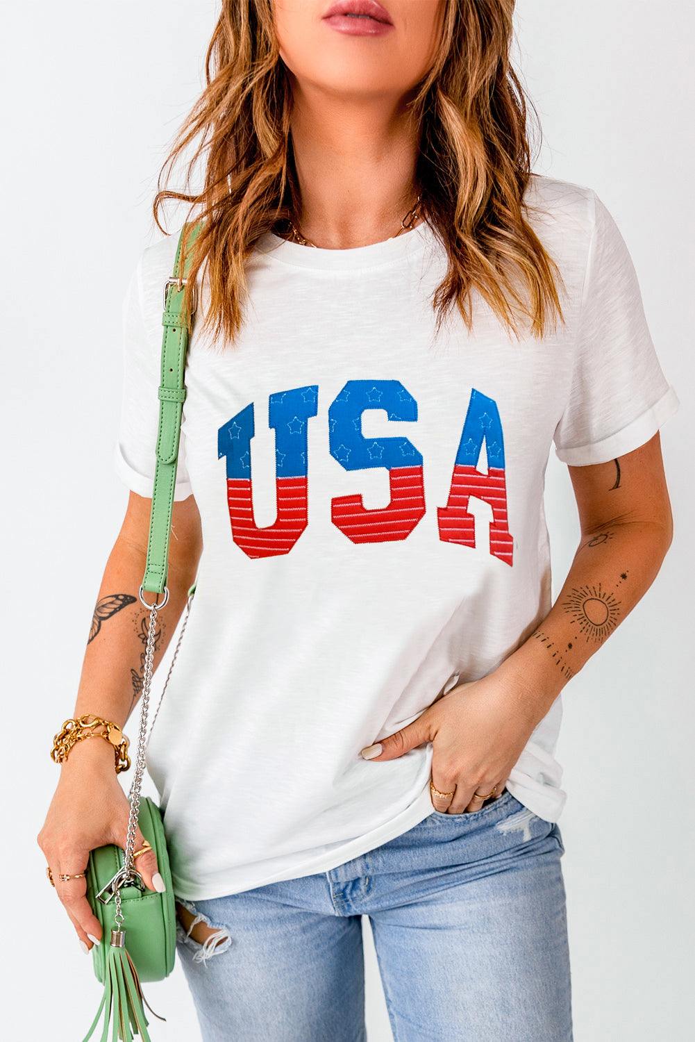 USA round neck short sleeve t-shirt, slightly stretchy, polyester-cotton blend, casual style.