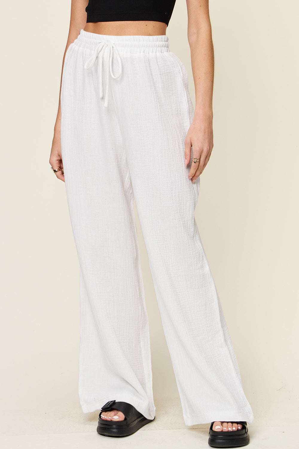 Double Take full size texture drawstring wide leg pants in white.