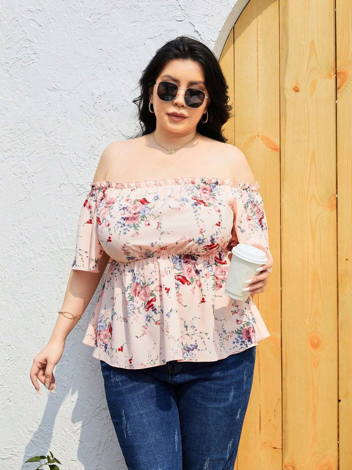 Plus size frill printed flutter sleeve blouse with floral pattern and off-the-shoulder design.