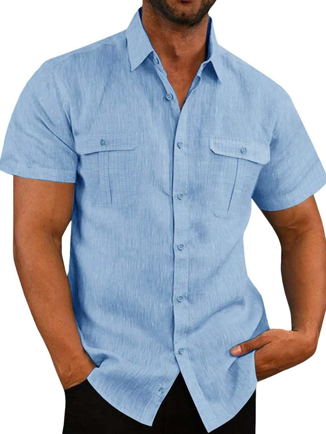 Men's plus size collared neck short sleeve shirt in light blue with pockets and buttons.