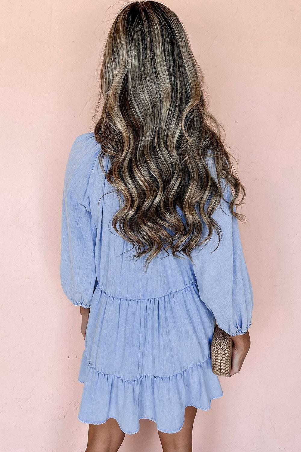 V-Neck tiered ruffled hem mini dress in blue, featuring no stretch and made of cotton-polyester blend.