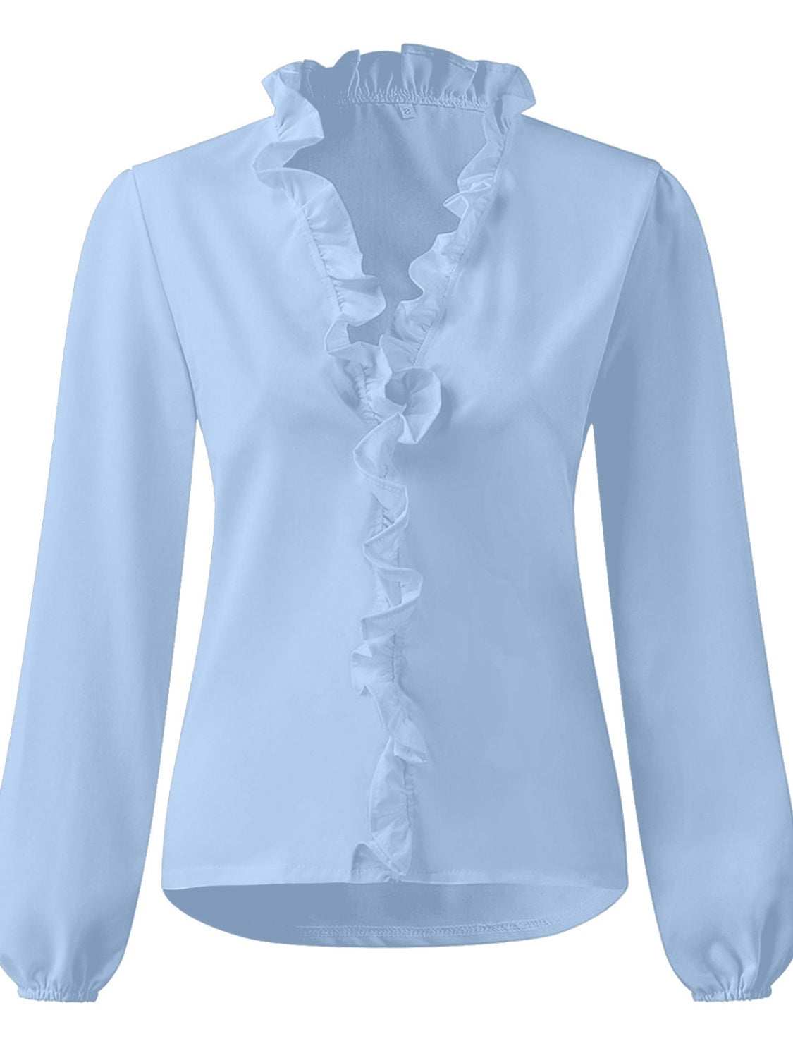 Full size ruffled V-neck long sleeve blouse in light blue.