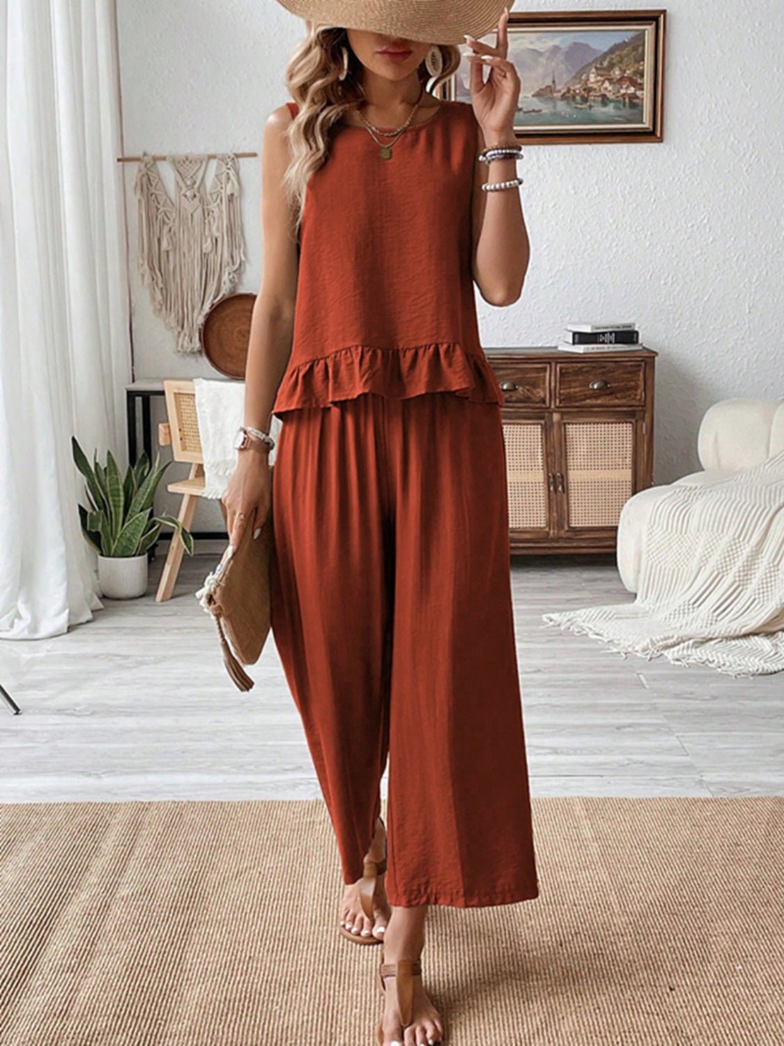 Ruffled Round Neck Top and Wide Leg Pants Set - Securing Secrets Boutique LLC