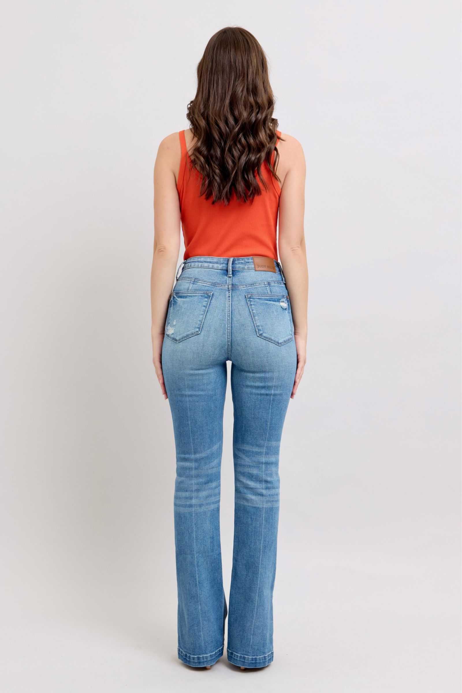 Judy Blue HW Tummy Control Vintage Wash Slim Boot Jeans with Side Slit, back view.