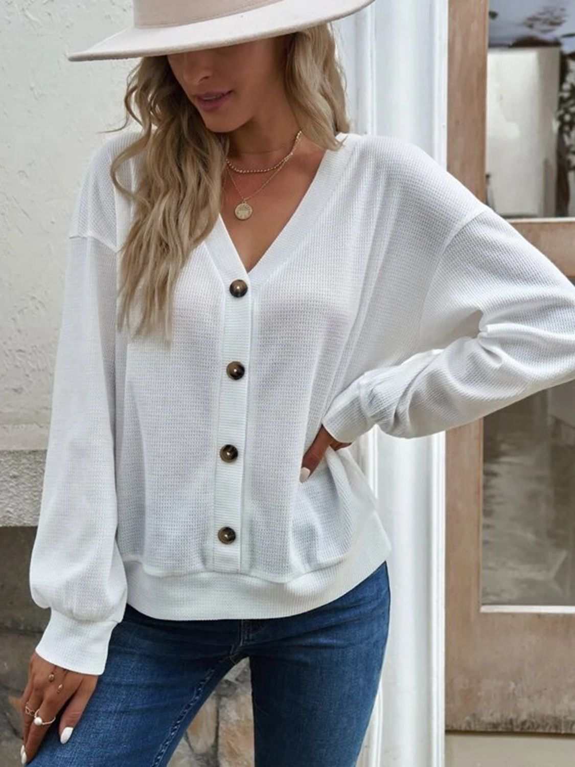 V-Neck Dropped Shoulder Blouse with Long Sleeves and Waffle-Knit Texture