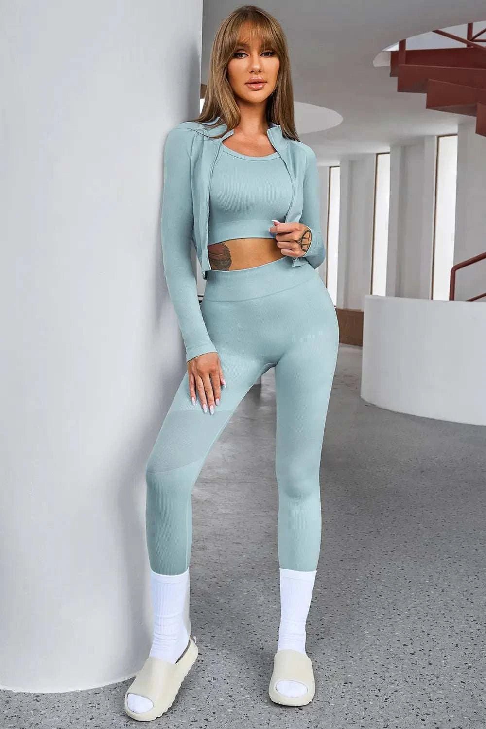 Tank cropped active top and pants set, three-piece, highly stretchy, nylon and elastane blend.