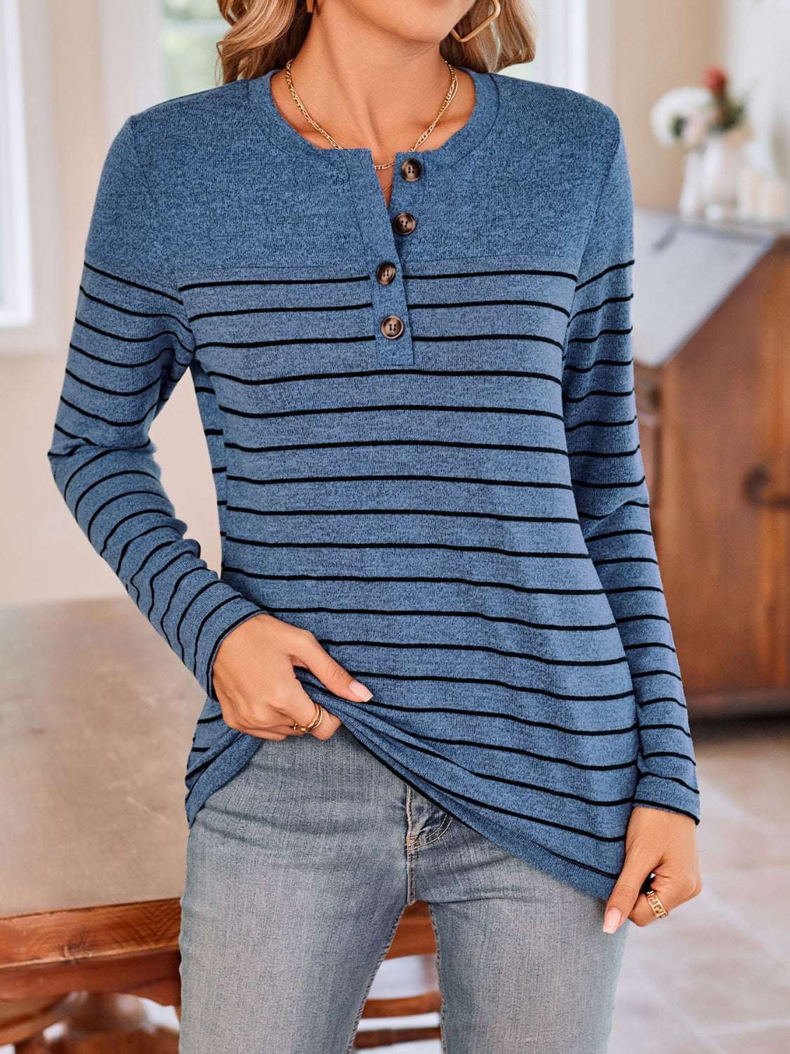 Lovelet quarter button striped round neck long sleeve t-shirt in blue.