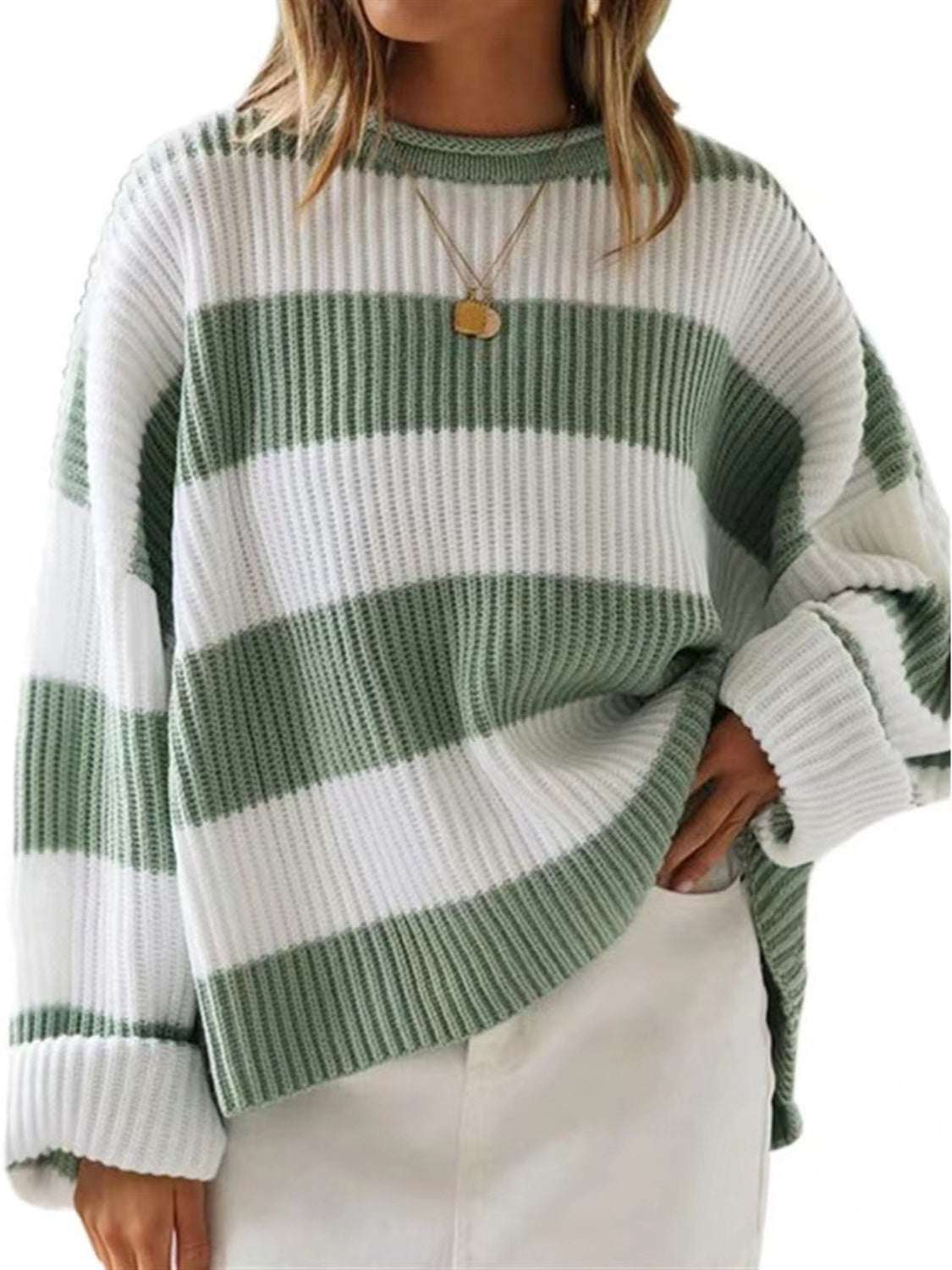 Round neck long sleeve sweater with green and white stripes, slightly stretchy polyester material.