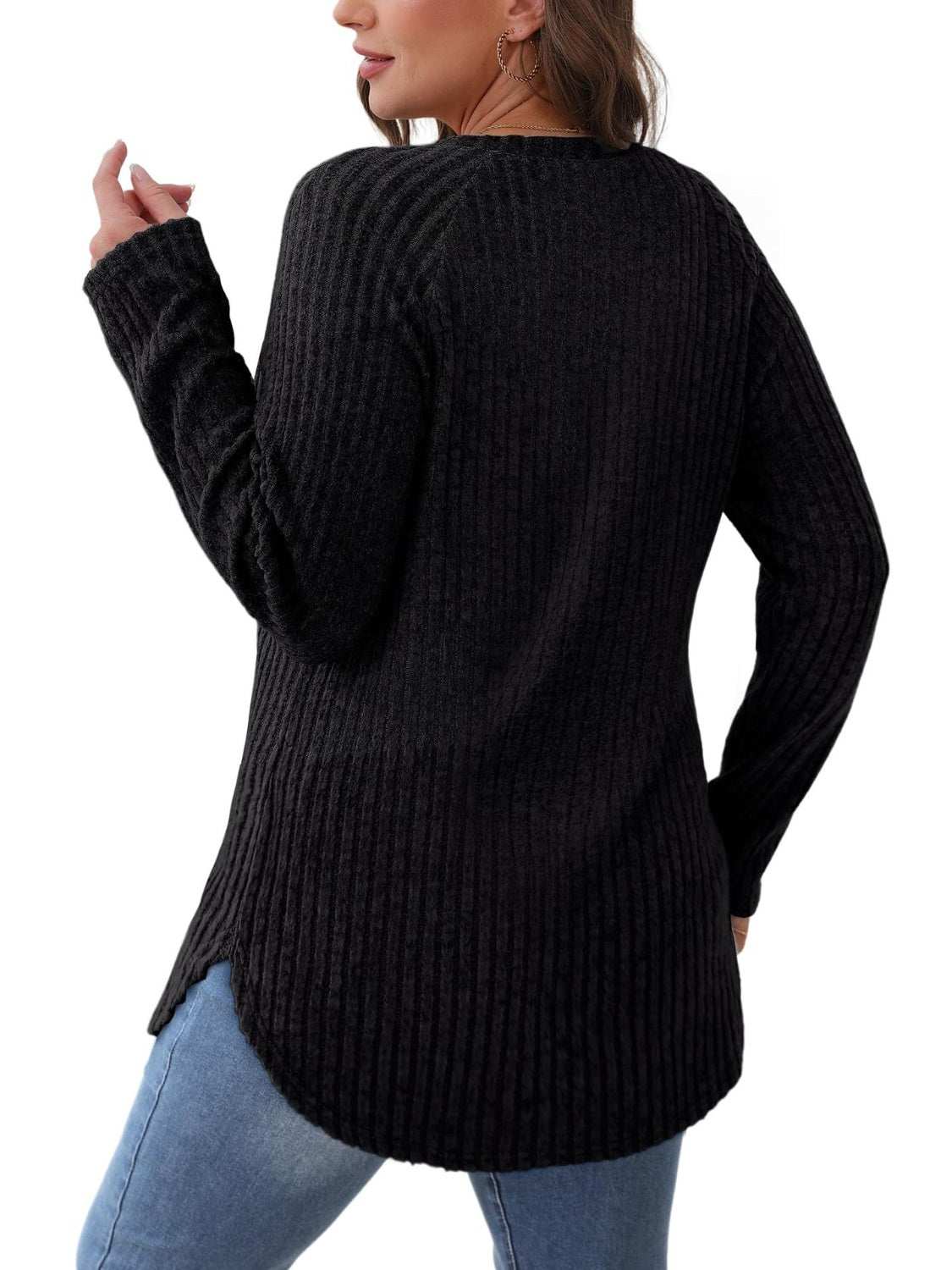Black round neck raglan sleeve t-shirt with slit detail, shown from the back.