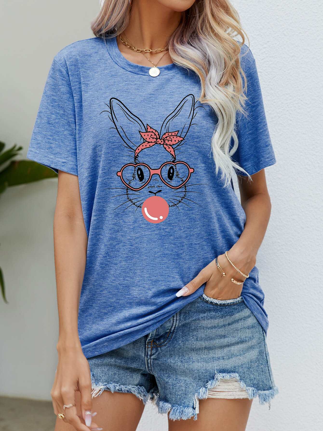 Easter Bunny graphic round neck T-shirt with short sleeves in blue.