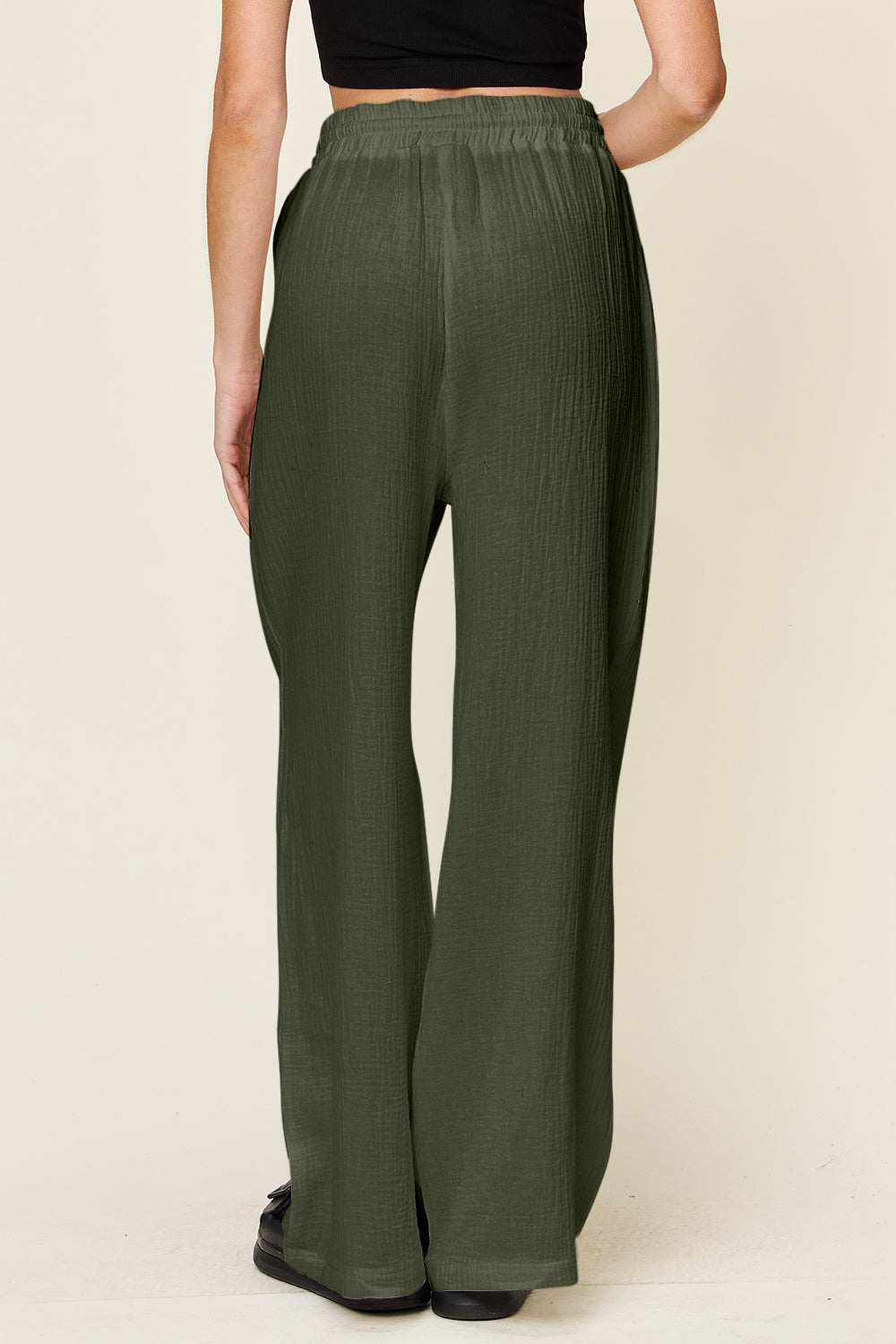 Double Take full-size texture drawstring wide-leg pants in green, 100% cotton.
