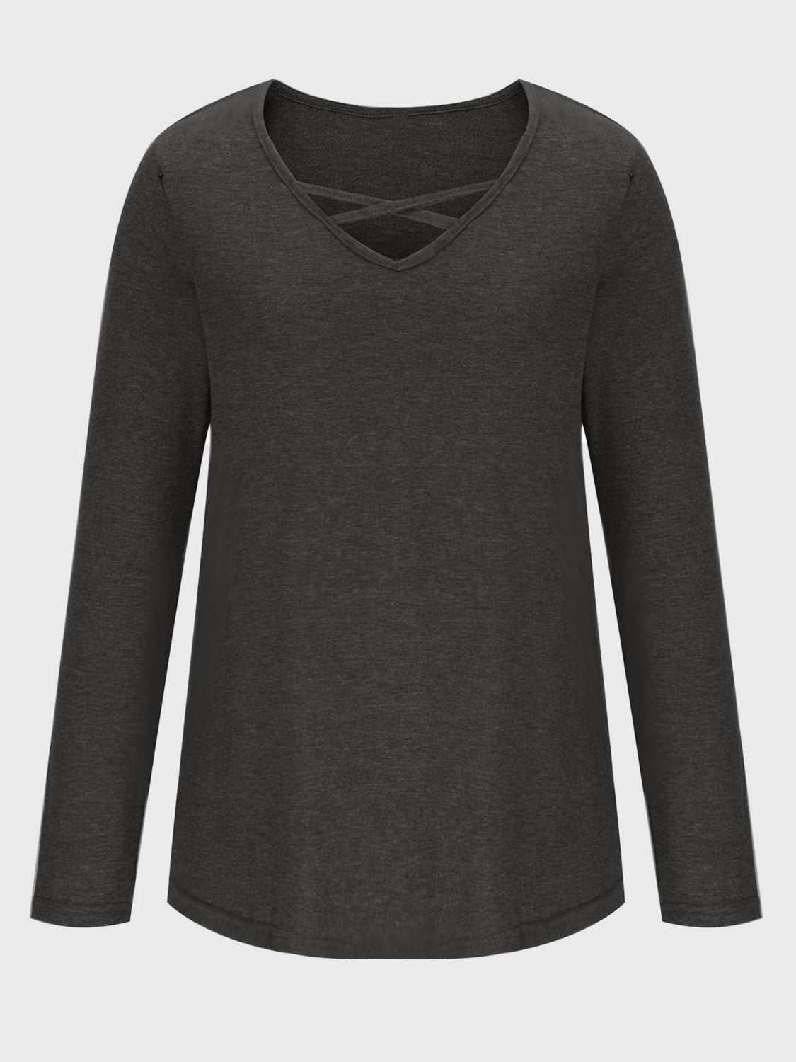 Crisscross V-Neck Long Sleeve T-Shirt in dark gray with basic style.