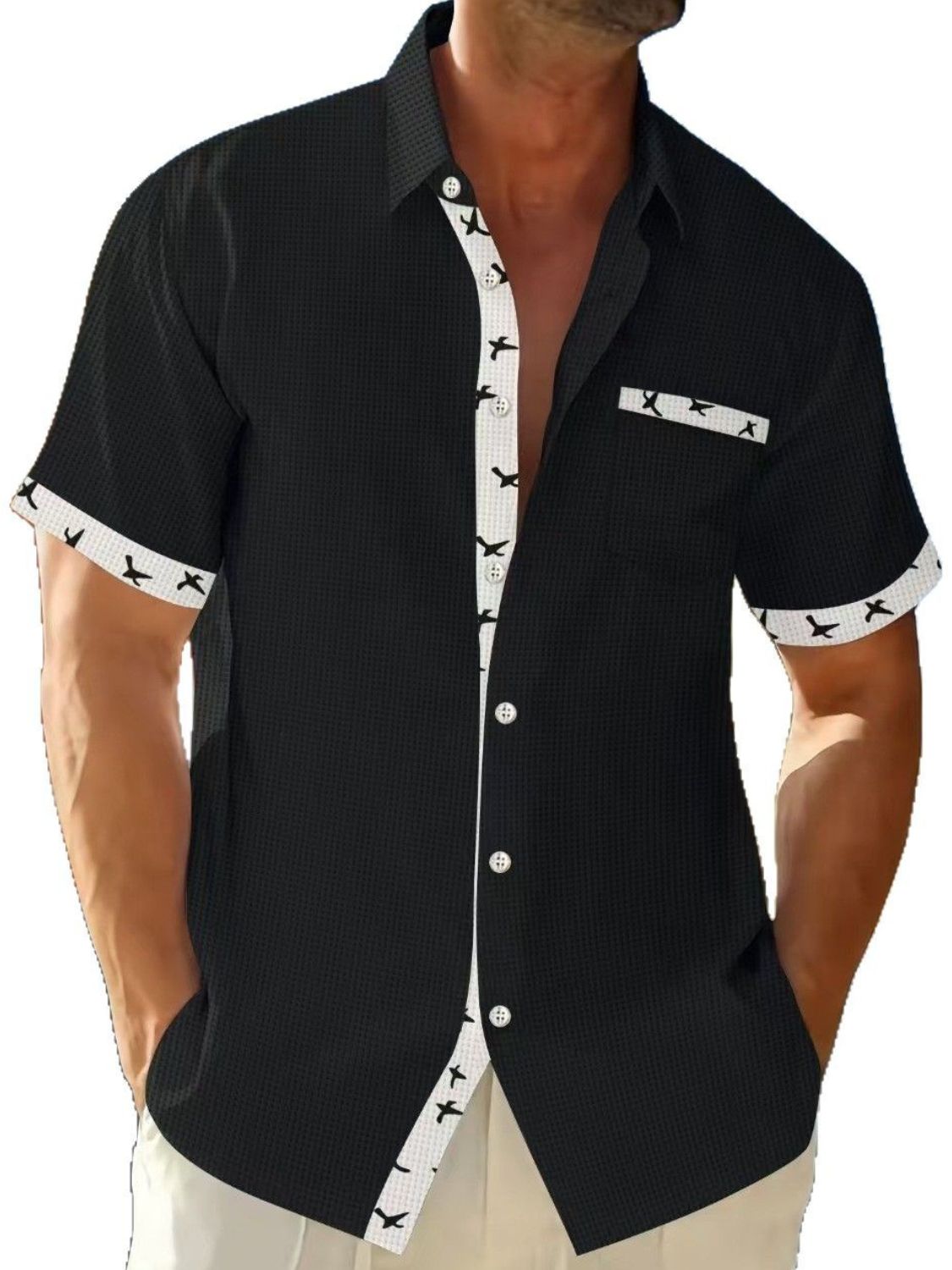 Men's Full Size Contrast Trim Waffle Knit Short Sleeve Shirt Plus Size - Securing Secrets Boutique LLC