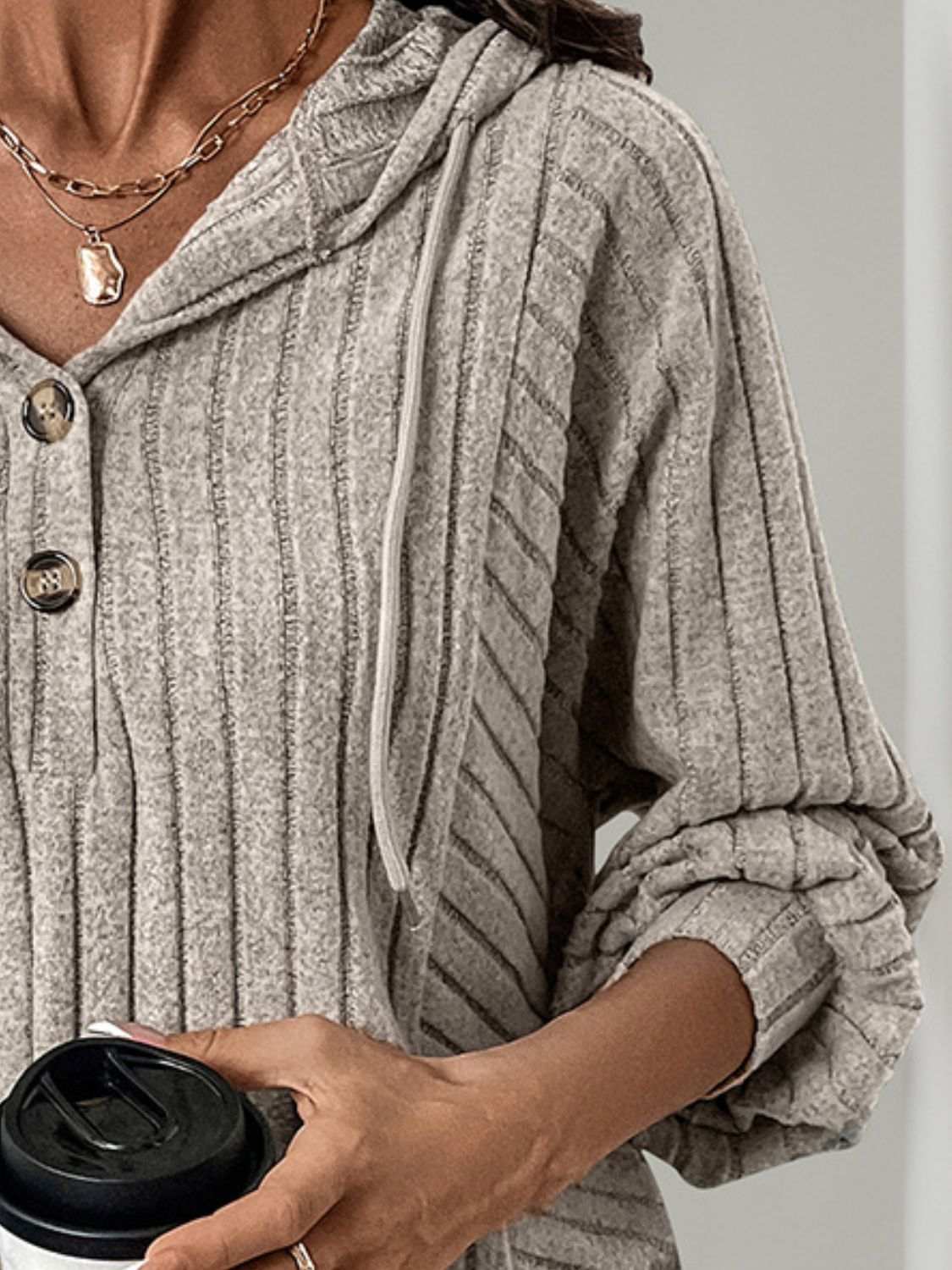 Perfee Drawstring Long Sleeve Hoodie with buttons and drawstring.