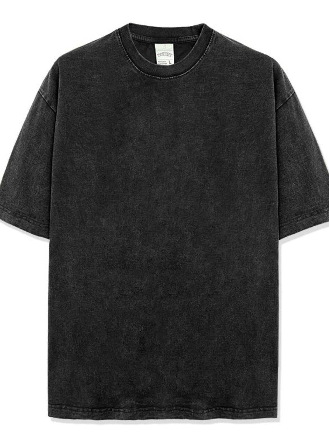 Men's full size washed black round neck t-shirt, no stretch, cotton blend.