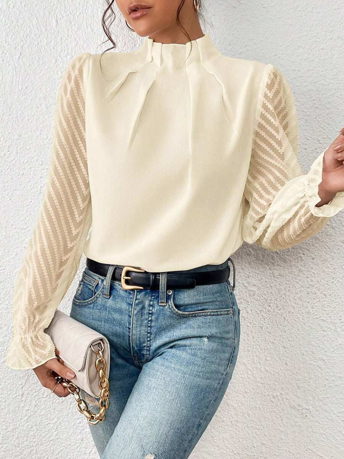 Mock Neck Flounce Sleeve Blouse with Ruffled Semi-Sheer Sleeves