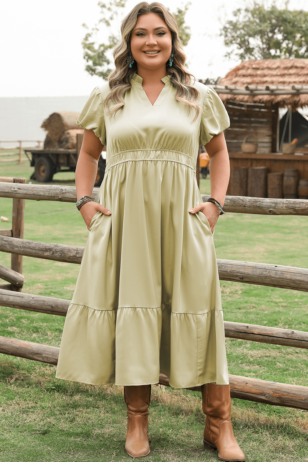 Laurel Green Notched V Neck Puff Sleeve Tiered Plus Size Maxi Dress