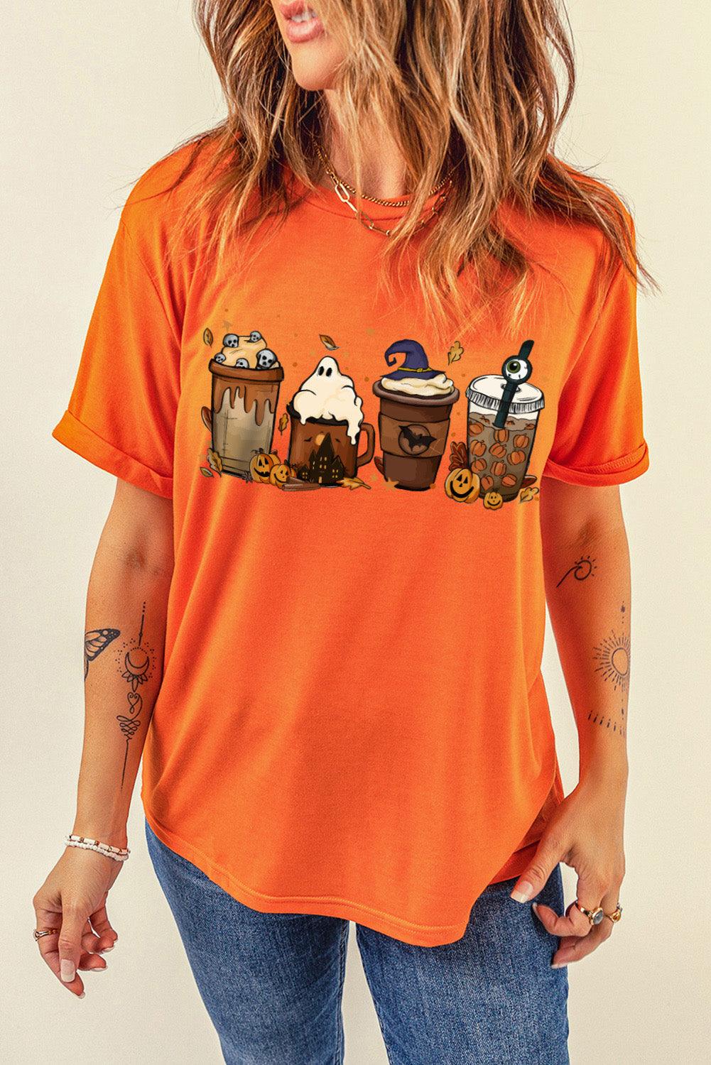 Orange graphic round neck T-shirt with short sleeves and casual style.