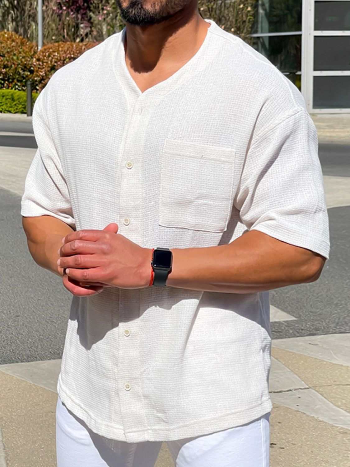 Men's plus size white chest pocket button down shirt.