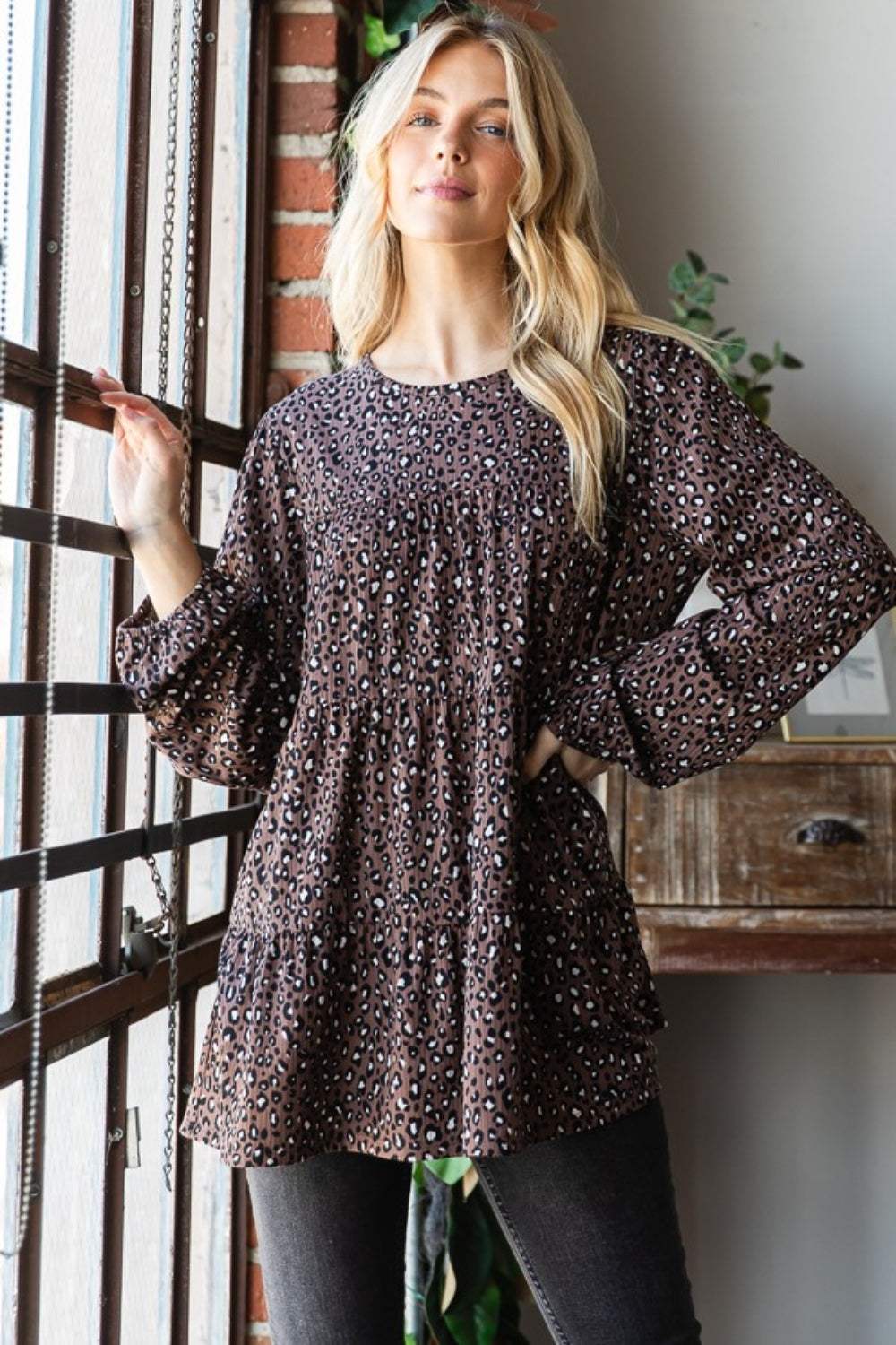 Heimish Leopard Blouse with Long Sleeves and Tiered Design