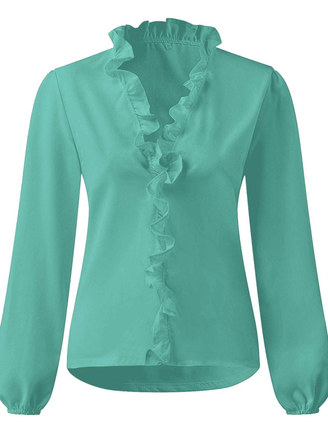 Full size ruffled V-neck long sleeve blouse in teal polyester.