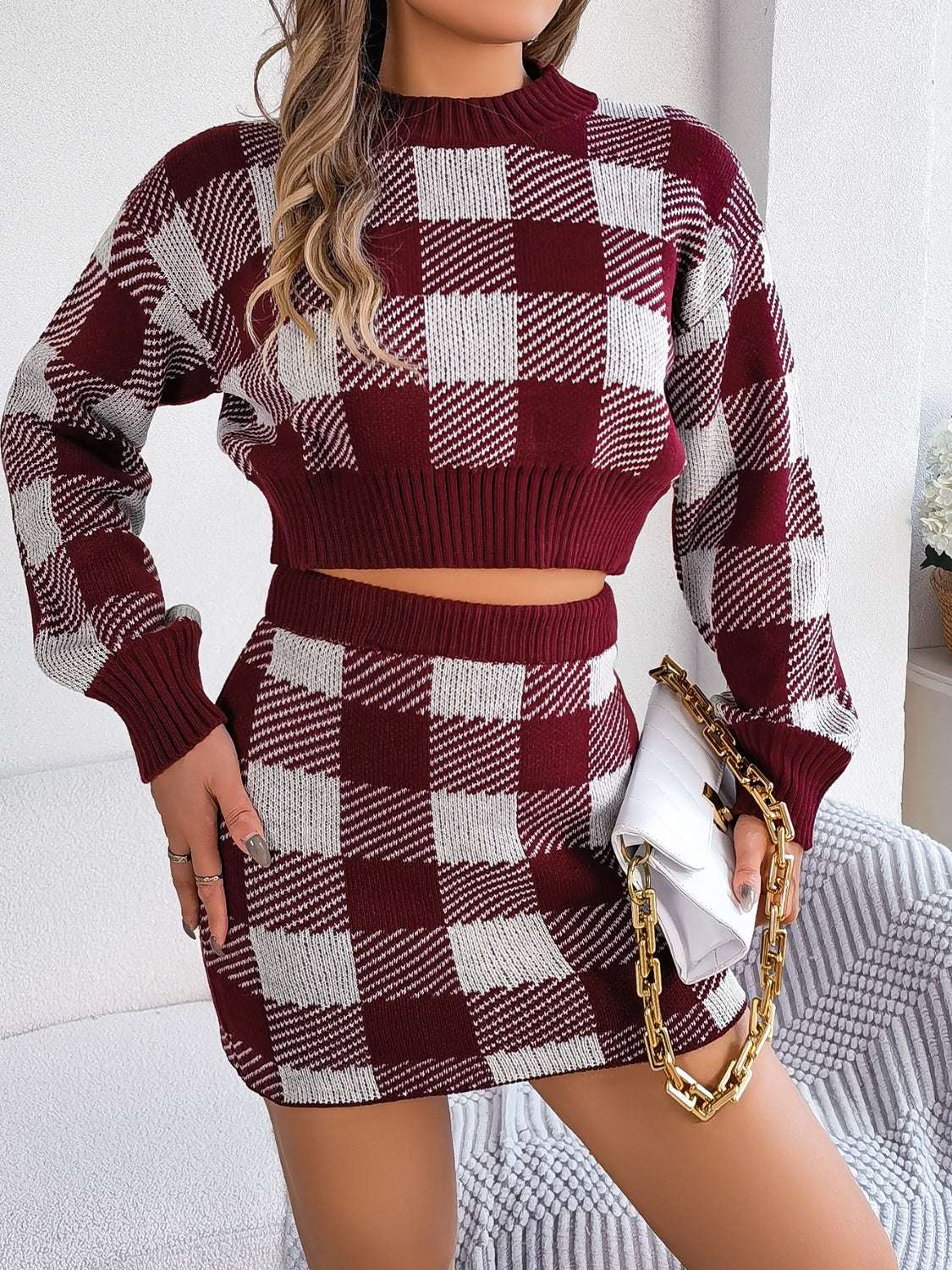 Plaid Round Neck Top and Skirt Sweater Set Burgundy